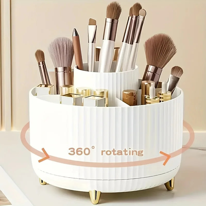 Prime Deal Zone 360-degree rotating cosmetic storage box with five compartments for brushes and beauty accessories.