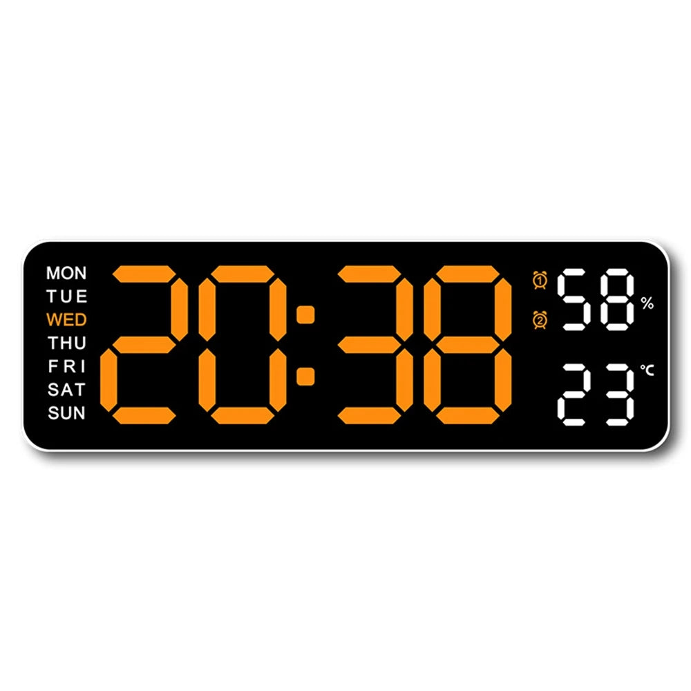 Large digital wall clock by Prime Deal Zone with temperature, humidity, week display, adjustable brightness, and 12/24H time format.