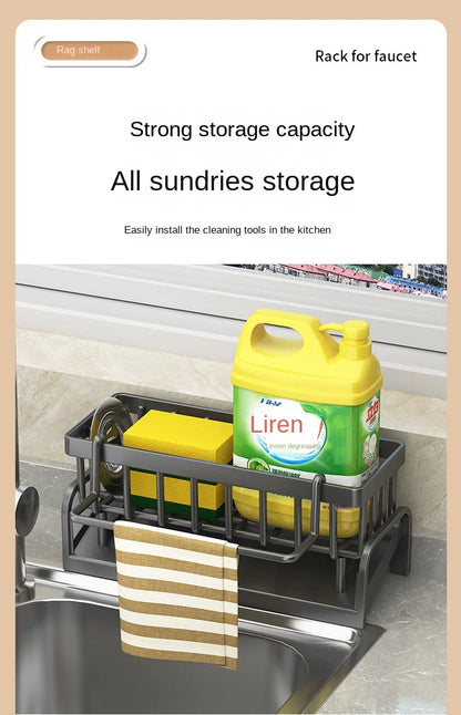 Prime Deal Zone kitchen shelf cleaning cloth storage rack with sponge holder and water sink drainage for organized kitchen cleaning tools.