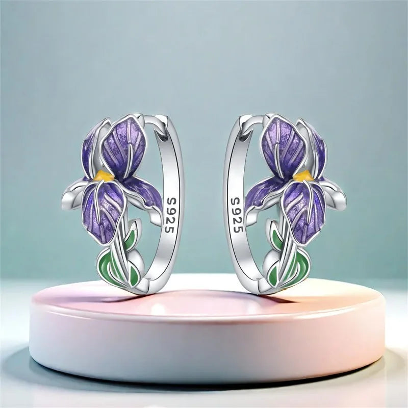 Sterling silver purple iris flower hoop earrings - view 1