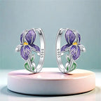 Sterling silver purple iris flower hoop earrings - view 1