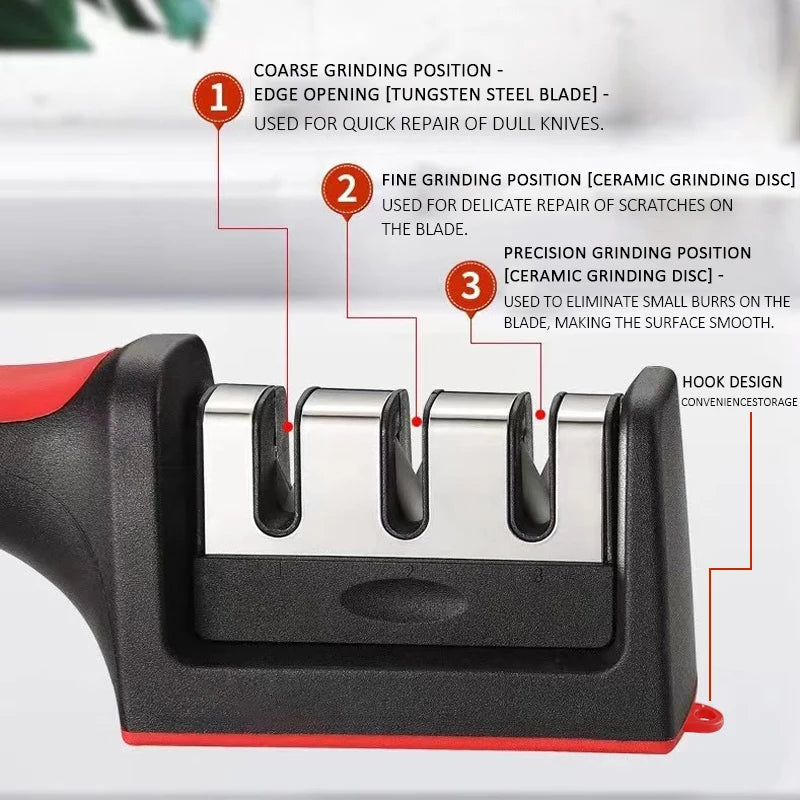 Prime Deal Zone 3/4-segment kitchen knife sharpener, handheld black multi-functional sharpening stone with three-purpose design.