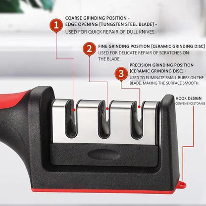Prime Deal Zone 3/4-segment kitchen knife sharpener, handheld black multi-functional sharpening stone with three-purpose design.