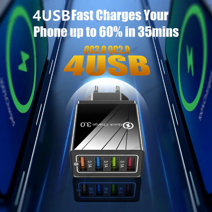 Prime Deal Zone 3A USB charger with four ports and Quick Charge 3.0 for fast charging iPhone, Samsung, Xiaomi, and Poco smartphones.