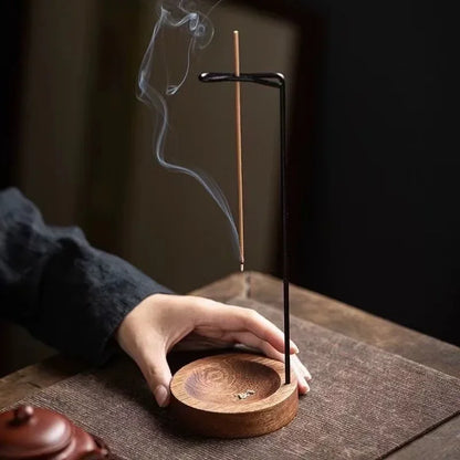 Wooden round incense burner and stick holder with decorative design, ideal for home, bedroom, or yoga room decor.