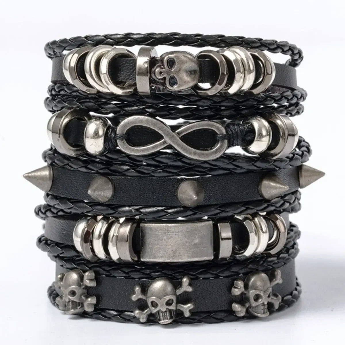 5-piece braided punk bracelet set, PU leather and beads - view 12
