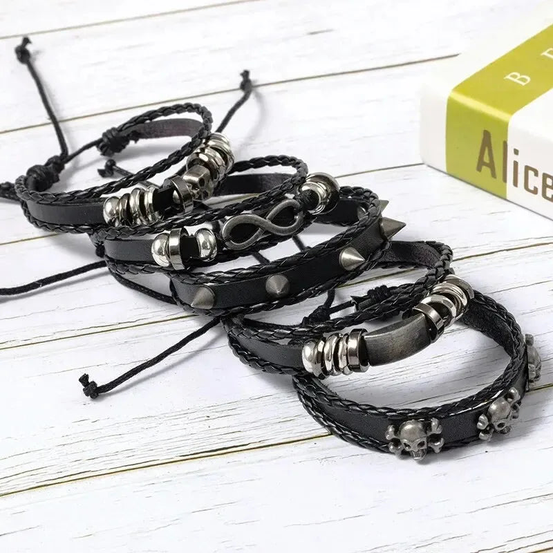 5-piece braided punk bracelet set, PU leather and beads - view 6