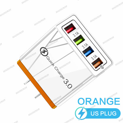 Prime Deal Zone 3A USB charger with 4 ports, quick charge 3.0, EU/US plug for iPhone, Samsung, Xiaomi, Poco mobile phones