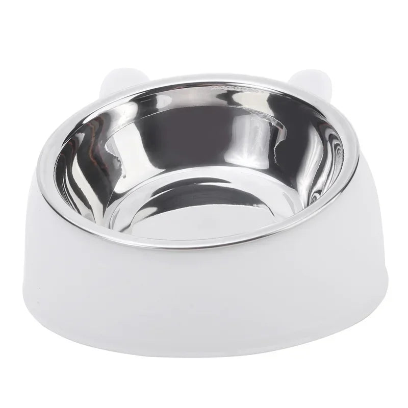 Stainless steel cat and dog feeding bowl with inclined design, suitable for kittens, puppies, and small pets.