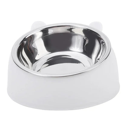 Stainless steel cat and dog feeding bowl with inclined design, suitable for kittens, puppies, and small pets.