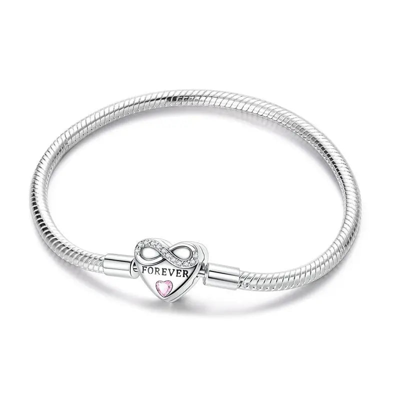 925 Sterling Silver Heart Zircon Snake Chain Bracelet — Multiple Designs, 17–20cm
