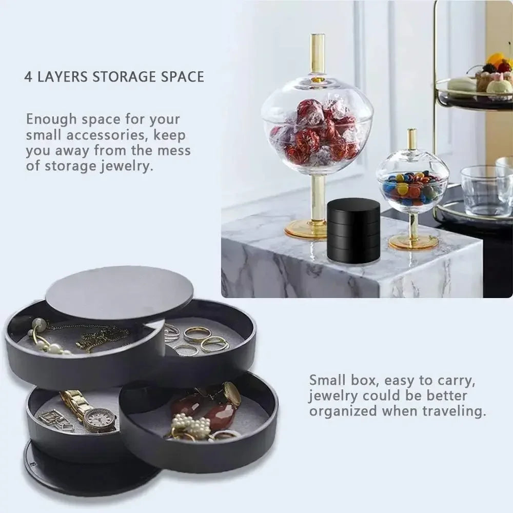 Rotating jewellery storage box holding rings and earrings