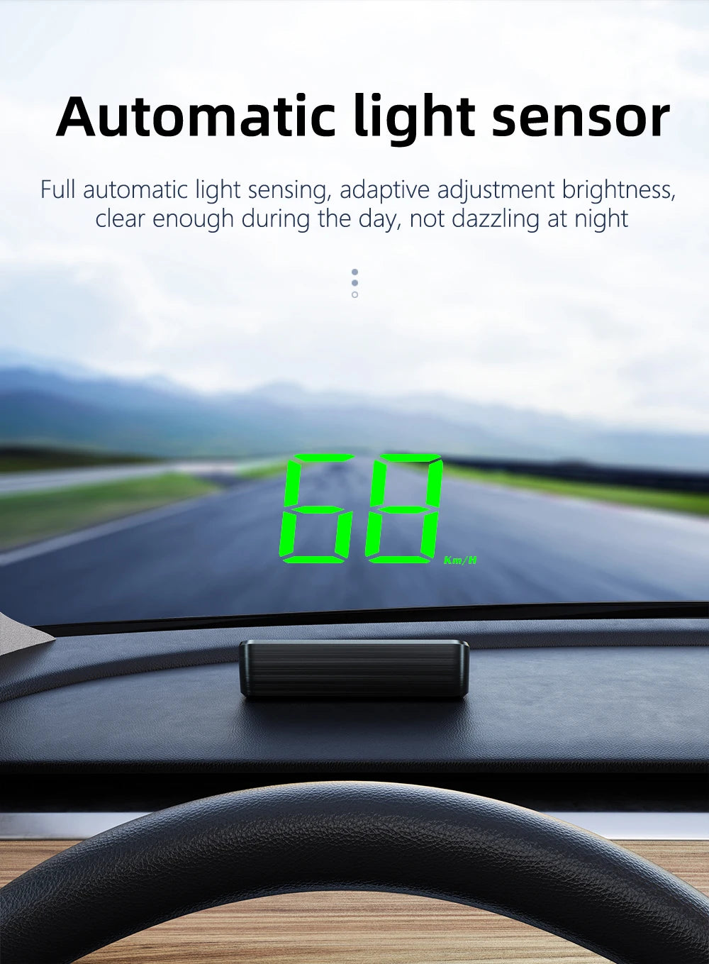HD Car Head Up Display M2 by Prime Deal Zone showing GPS speedometer and digital KM/H readings on a vehicle windshield.