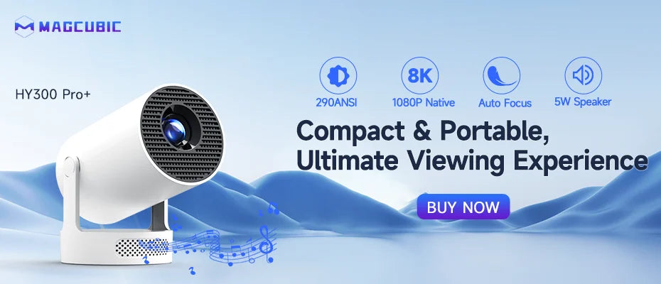 Prime Deal Zone Magcubic HY300 Pro smart projector displaying bright 8K image with Android 14, dual WiFi6, and BT5.4 connectivity.