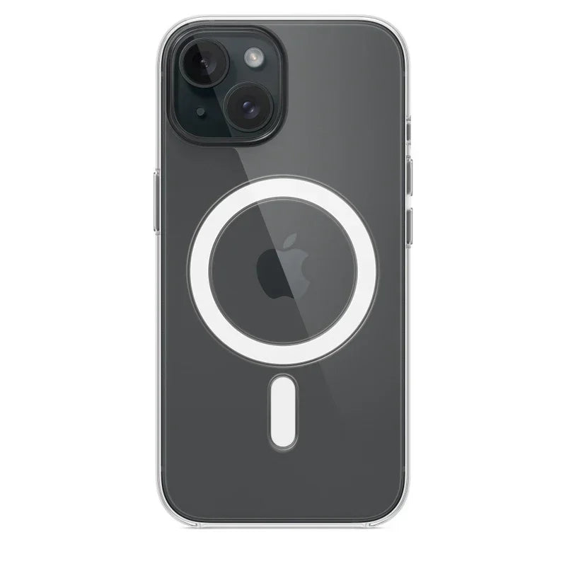 Clear silicone magnetic case for iPhone 11 to 17 Pro Max, featuring MagSafe compatibility and transparent design, by Prime Deal Zone.