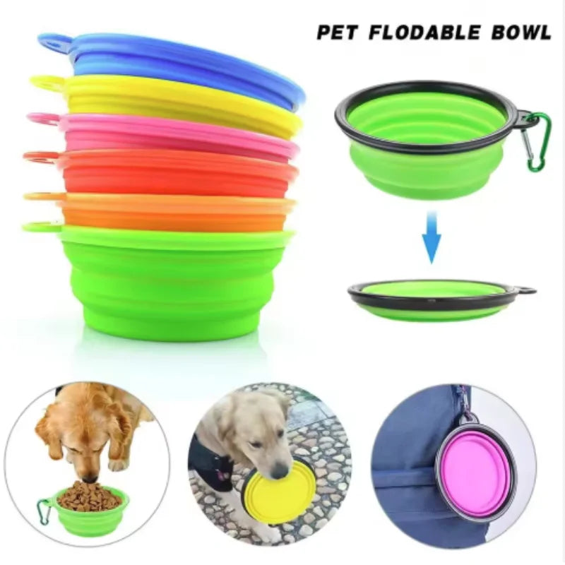 Portable TPR pet food and water bowl for cats and dogs, collapsible silicone design for travel and outdoor use.