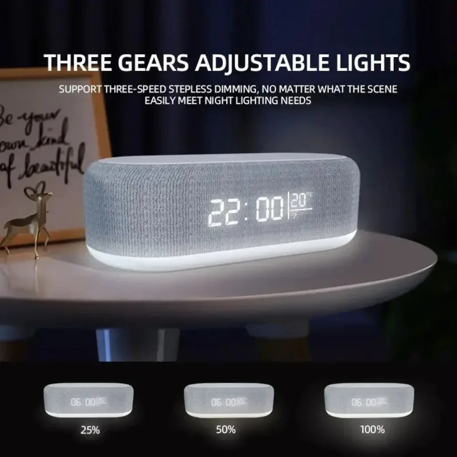 Wireless alarm clock and charger pad with night light, thermometer, and lamp for iPhone 13-17, Prime Deal Zone.