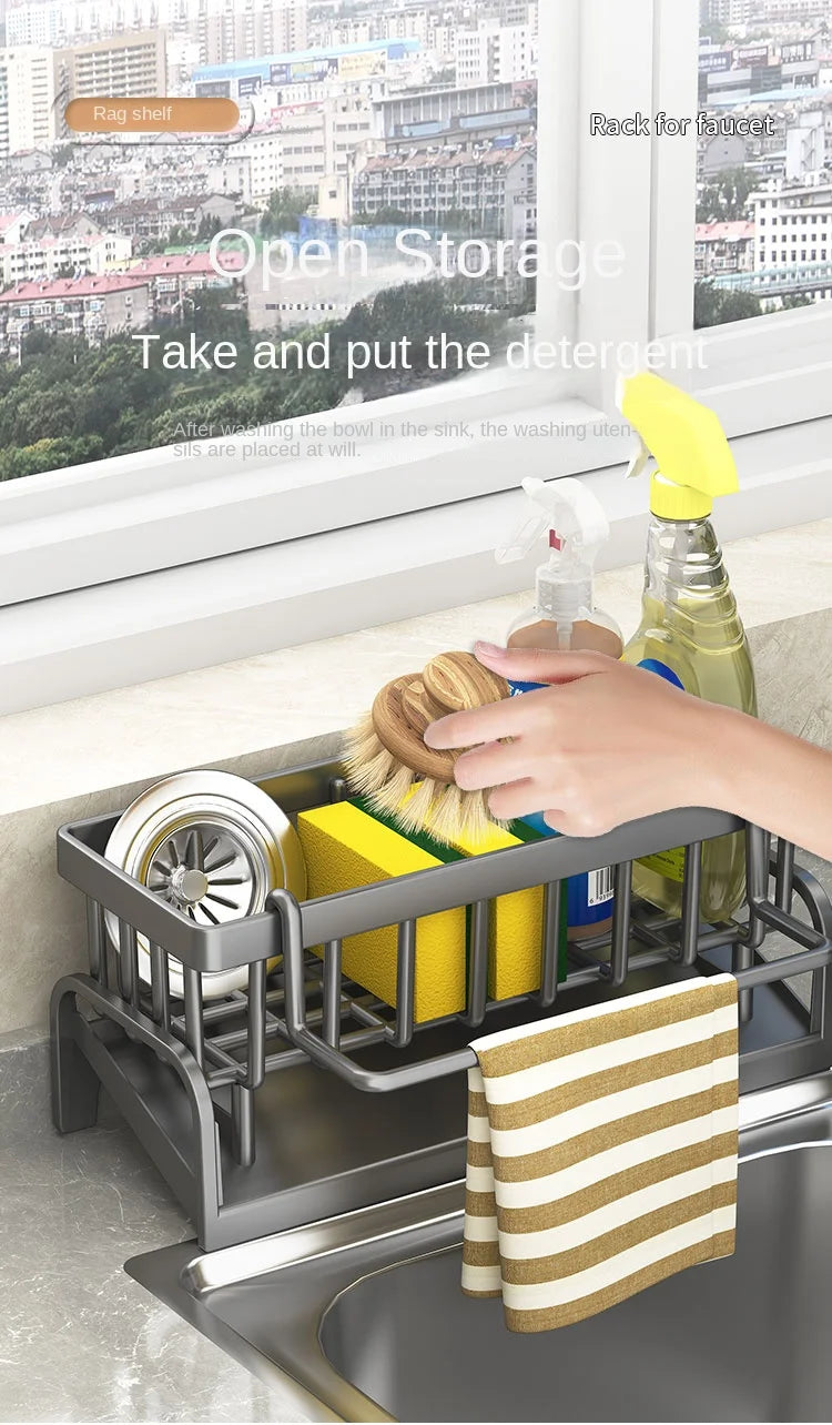 Prime Deal Zone kitchen shelf cleaning cloth storage rack with sponge holder and water sink drainage for organized kitchen cleaning tools