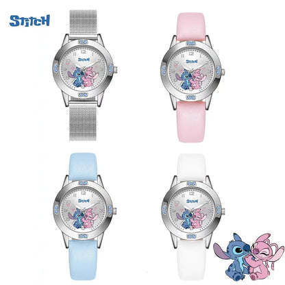 Disney Stitch girl's diamond quartz watch featuring cartoon Stitch design, leather strap, steel belt, ideal for women and kids.