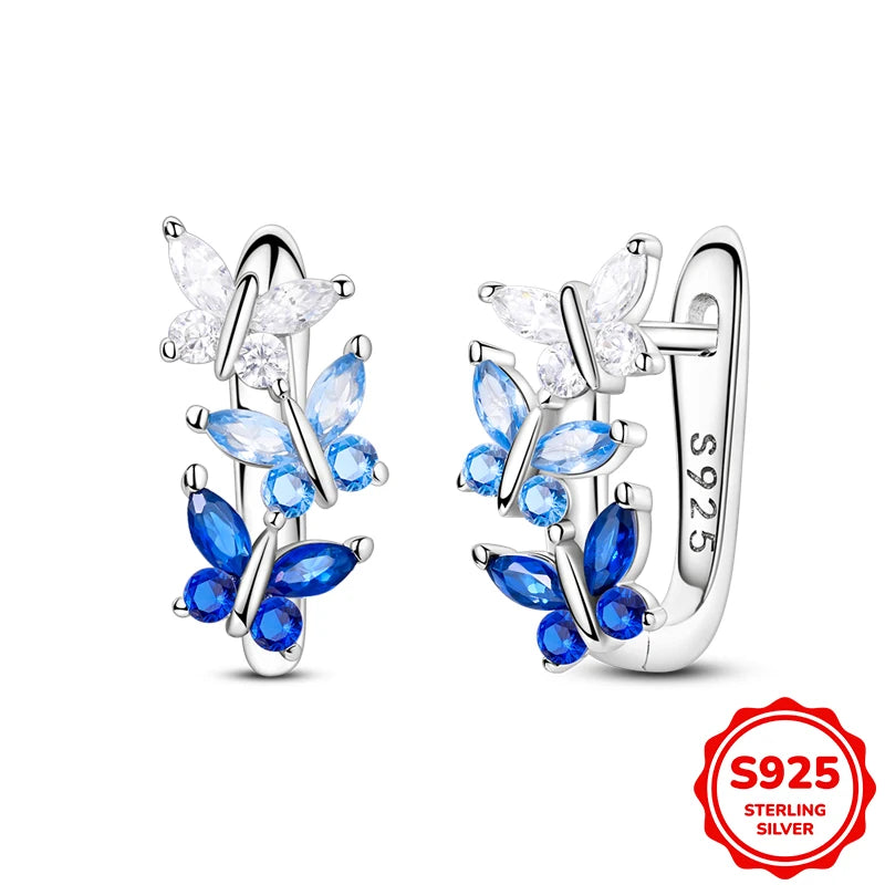 925 Sterling Silver Butterfly & Hoop Earrings — Coloured Zircon Accents
