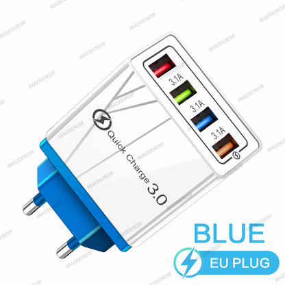Prime Deal Zone 3A USB charger with four ports, Quick Charge 3.0, EU and US plug, for iPhone, Samsung, Xiaomi, and mobile phones