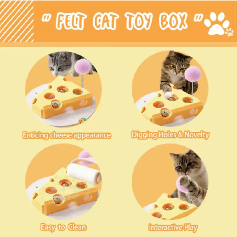 Prime Deal Zone pet cat puzzle maze toy with felt box, bell ball, and holes for interactive kitten play and mental stimulation.