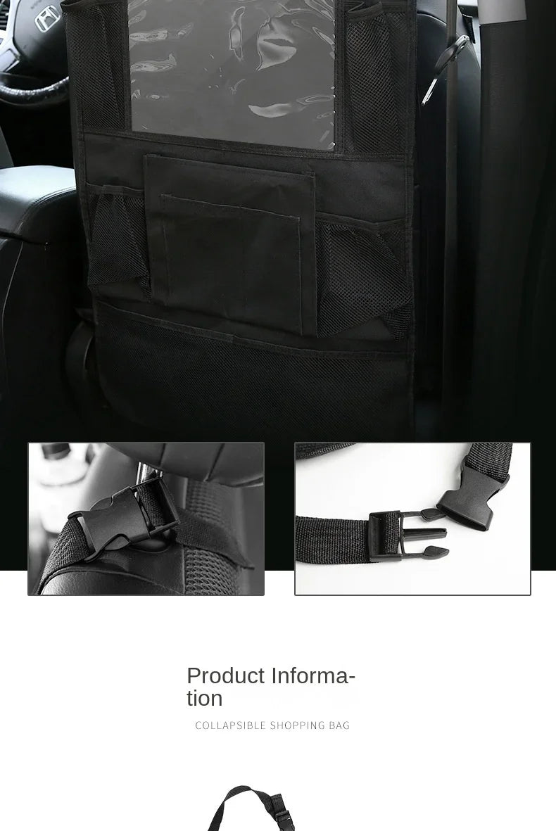 Multifunctional car seat organizer with multiple pockets and tablet holder, made of durable Oxford fabric for kids' car back seat storage.