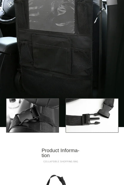 Multifunctional car seat organizer with multiple pockets and tablet holder, made of durable Oxford fabric for kids' car back seat storage.
