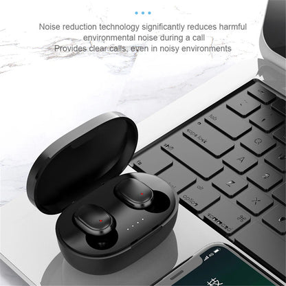Wireless Bluetooth A6S earphones with LED display, stereo sound, touch control, suitable for Xiaomi and Huawei devices.