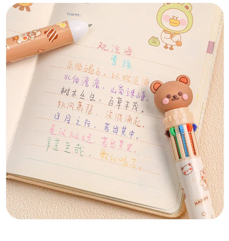 Colorful Prime Deal Zone bear-shaped ballpoint pen with 10 vibrant ink colors, ideal for students and office use.