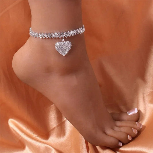 Women's copper inlaid water diamond love foot chain bracelet for wedding and party fashion by Prime Deal Zone.