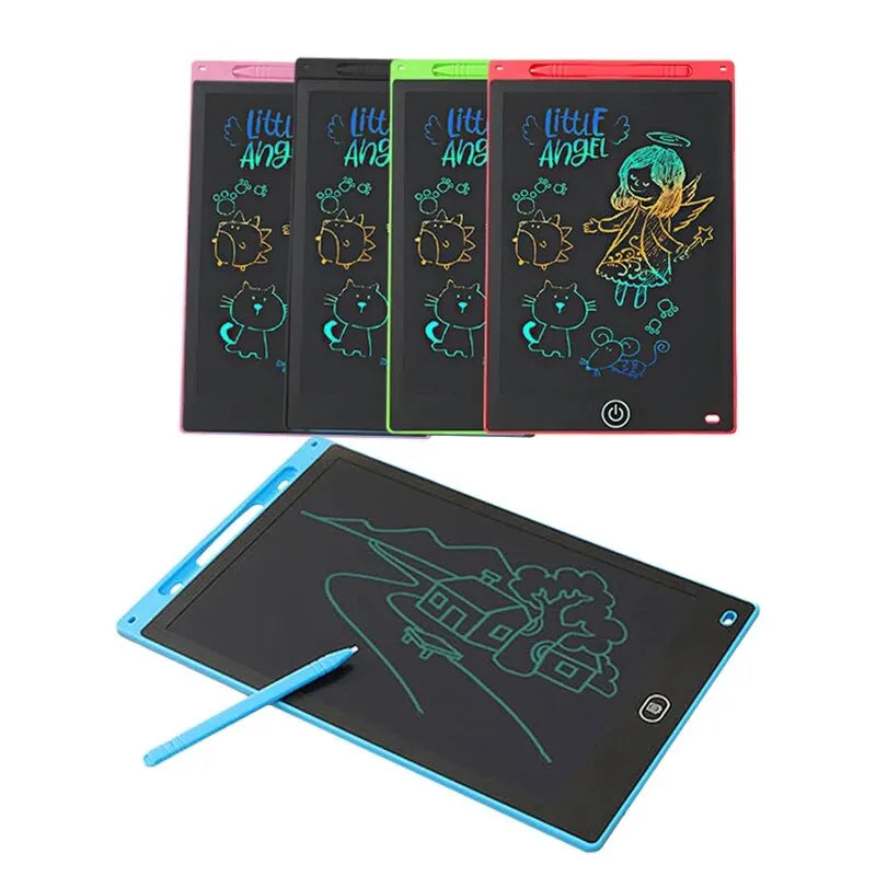 Multi-size LCD writing tablet for kids by Prime Deal Zone, showing colorful drawing on 6.5, 8.5, 10, and 12-inch screens.