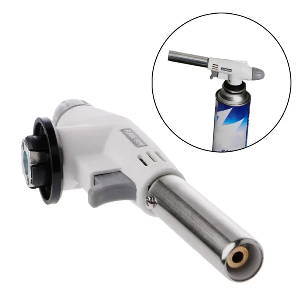 Prime Deal Zone torch welding gas burner with auto-ignition, showing a blue flame for grilling, camping, and cooking applications