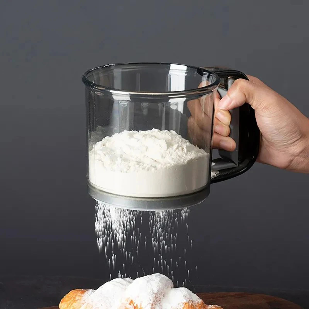 Prime Deal Zone HOMEFISH kitchen cake flour sieve with 40 mesh semi-automatic filter and capacity scale for baking and flour sifting.