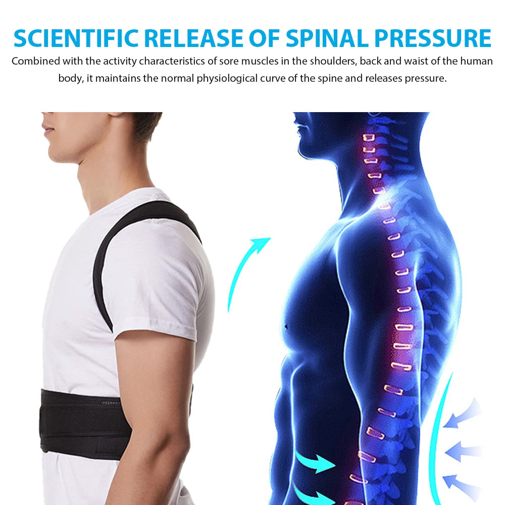 Adjustable back posture corrector brace for men and women, designed to support and align the spine for improved posture.