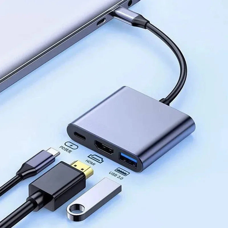 USB C hub 3-in-1 Type C 3.0 docking station with HDMI, USB-C, and charging port, compatible with MacBook, phones, and computers.