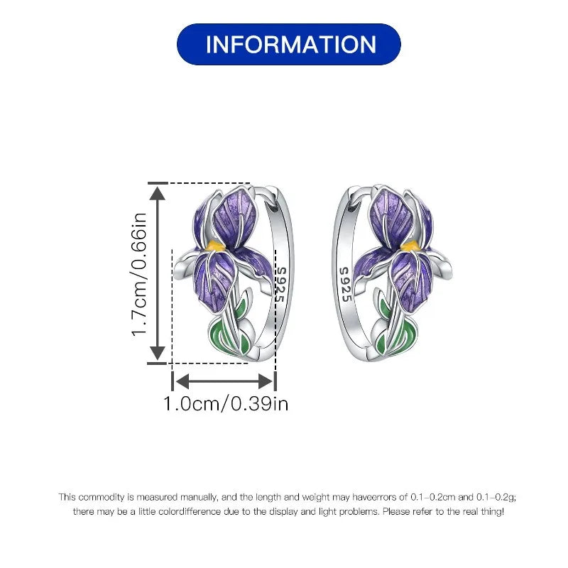 Sterling silver purple iris flower hoop earrings - view 6