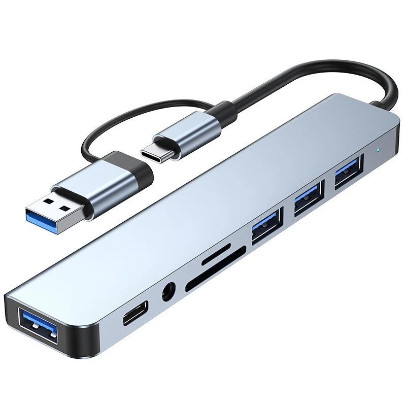 Prime Deal Zone 8-in-2 USB and Type C hub docking station with 3.5mm audio jack and micro SD card reader for laptops and tablets.
