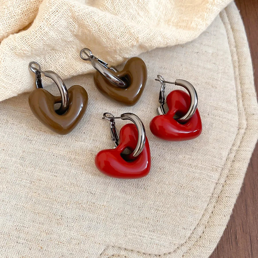 vintage enamel drip hoop earrings with heart pendant - view 2