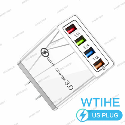 Prime Deal Zone 3A USB charger with 4 ports, Quick Charge 3.0, EU and US plug, fast charging for iPhone, Samsung, Xiaomi, Poco