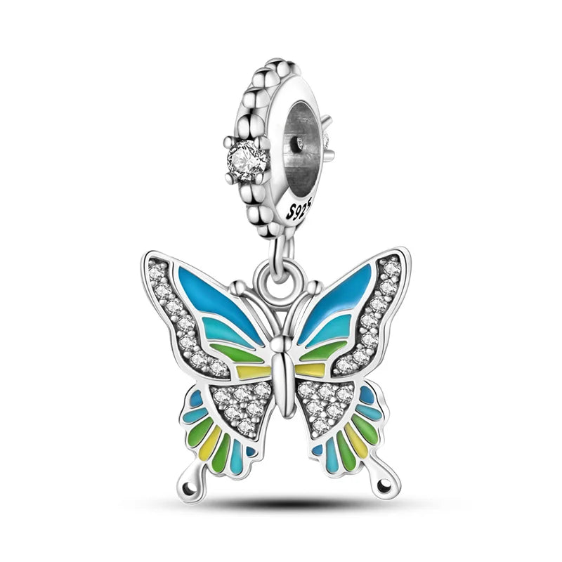 925 Silver-Plated Butterfly Charm Beads, Multicolour