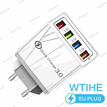 Prime Deal Zone 3A USB charger with 4 ports, quick charge 3.0, EU and US plugs, for iPhone, Samsung, Xiaomi, and Poco smartphones.