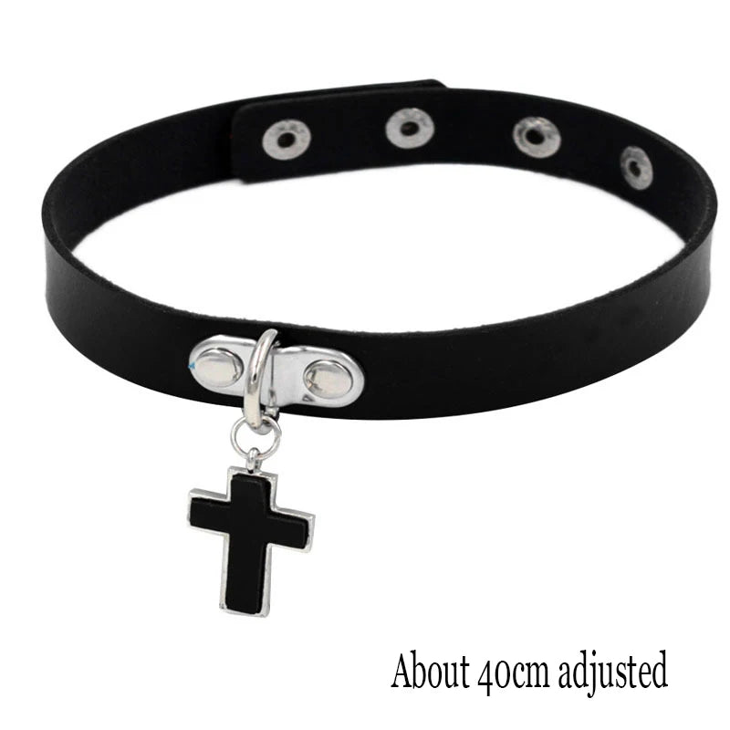 Black PU Leather Punk Choker Collar Necklace — Rivet Detail, Gothic Style