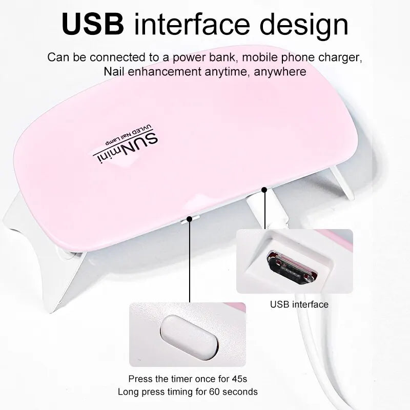 Portable 6W Prime Deal Zone mini nail dryer with 6 LED UV lamps and USB cable for quick at-home nail polish drying.