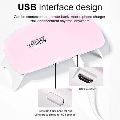 Portable 6W Prime Deal Zone mini nail dryer with 6 LED UV lamps and USB cable for quick at-home nail polish drying.
