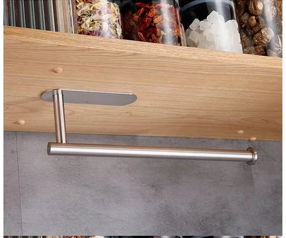 Prime Deal Zone adhesive kitchen paper towel holder and toilet roll dispenser mounted on cabinet for bathroom and kitchen storage.