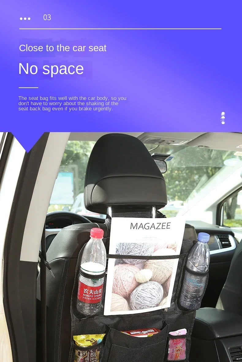 Multifunctional car seat organizer with multiple pockets, tablet holder, and Oxford fabric for kids' car back seat storage.