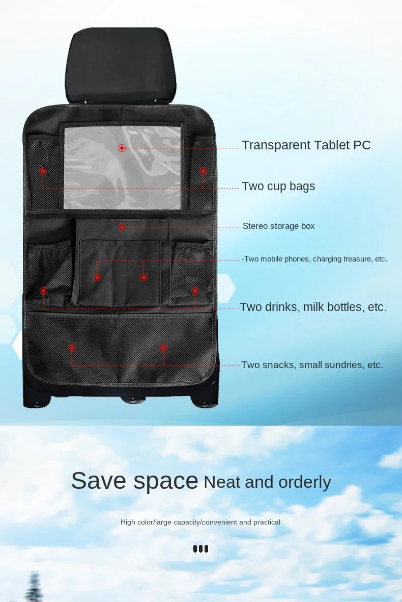 Multifunctional car seat organizer by Prime Deal Zone with multiple pockets, tablet holder, and Oxford fabric for kids' car back seat storage.