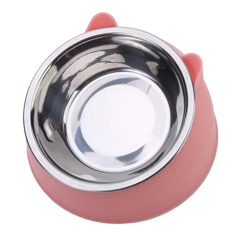 Stainless steel cat and dog feeding bowl with inclined design for easy eating, suitable for kittens, puppies, and small pets.