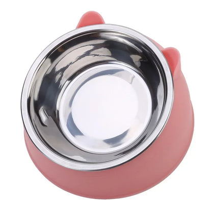 Stainless steel cat and dog feeding bowl with inclined design for easy eating, suitable for kittens, puppies, and small pets.